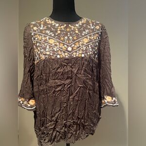 Tea n Rose Floral Embroidered Brown Blouse